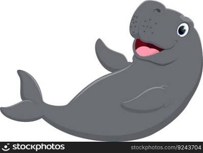 Happy cute cartoon manatee swimming