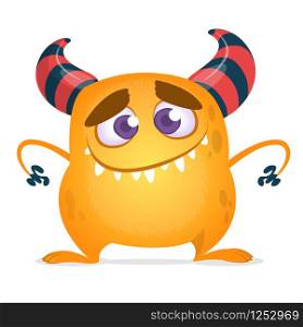 Happy cute cartoon monster with big mouth. Vector orange monster illustration. Halloween design