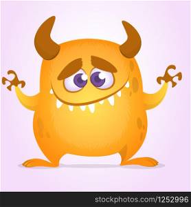 Happy cute cartoon monster with horns. Vector orange monster illustration. Halloween character. Design for decoration, print or sticker