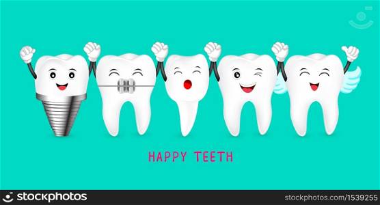 Happy cute cartoon tooth characters. Dental care concept. Illustratiion