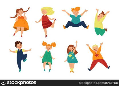 Happy cute children cartoon illustration set. Group of little kids, cheerful characters, school boys and girls standing in different positions on white background. Childhood, friendship, peace concept