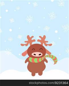 Happy cute deer character animal greeting card christmas season winter  vector illustration concept flat snowflake 