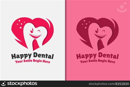 Happy Cute Dental Logo with Smiley Teeth and Love Shape Combination Concept.