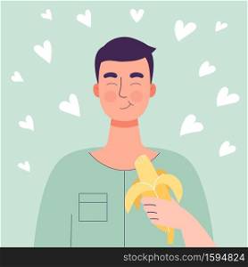 Happy Cute man eating banana. Healthy food concept, healthy snack. Fruits, vitamins for health. Flat vector isolated illustration on white background