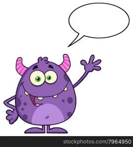 Happy Cute Monster Waving With Speech Bubble