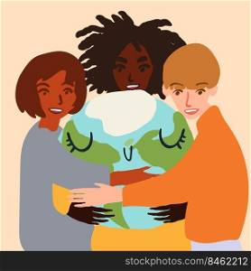 Happy cute planet earth being hug by diverse people. Global warming climate change concept vector illustration isolated on white.. Happy cute planet earth being hug by diverse people.