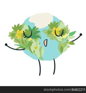 Happy cute planet earth breathing deeply with a lot of green forests. Global warming climate change concept vector illustration isolated on white.. Happy cute planet earth breathing deeply with a lot of green forests.