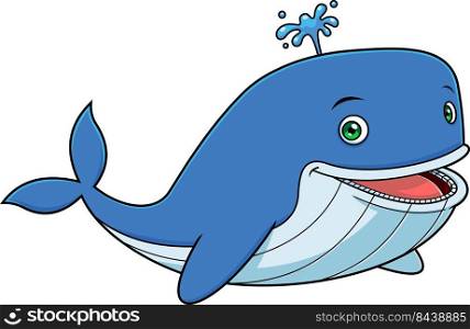 Happy Cute Whale Cartoon Character With Water Fountain. Vector Hand Drawn Illustration Isolated On White Background
