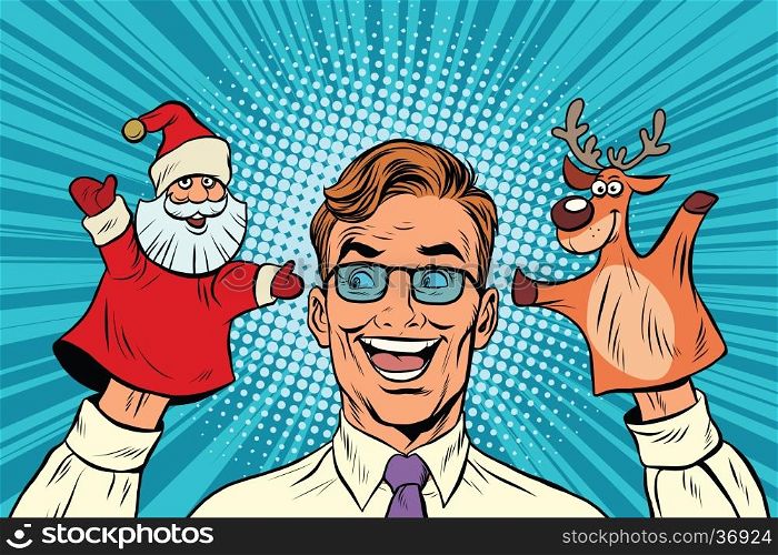 Happy dad, a Christmas puppet theater, pop art retro vector illustration. Santa Claus and reindeer