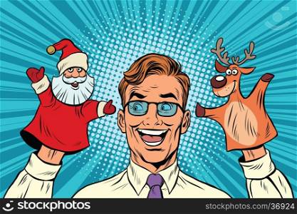 Happy dad, a Christmas puppet theater, pop art retro vector illustration. Santa Claus and reindeer