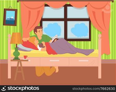Happy dad with child vector, man reading book to kid educating and telling stories from life, interior of kids room, bedroom of person, parenting, concept for Father day. Dad Reading Book to Kid in Room, Parenting Vector