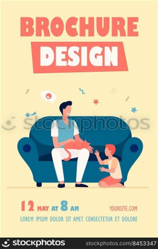 Happy dad with son and cat at home. Family enjoying leisure time together flat vector illustration. Parenthood, pet care, father concept for banner, website design or landing web page