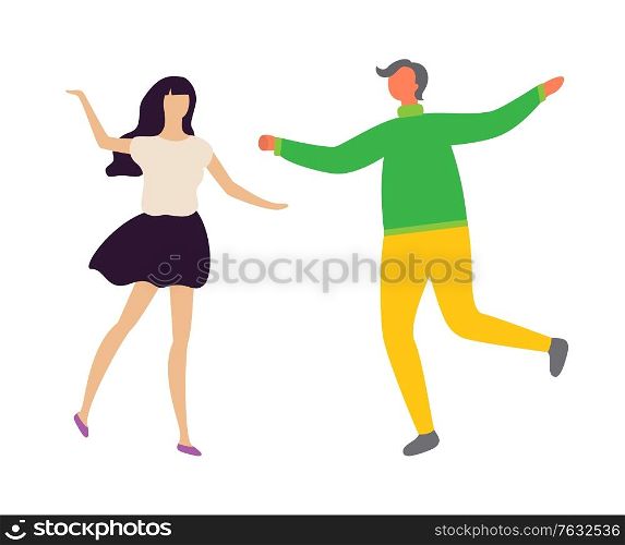 Happy dancing couple at disco club, man and woman in dance isolated characters. Vector crazy dancers at party, moving and posing lovers. Vector illustration in flat cartoon style. Happy Dancing Couple at Disco Vector Man and Woman