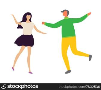 Happy dancing couple at disco club, man and woman in dance isolated characters. Vector crazy dancers at party, moving and posing lovers. Vector illustration in flat cartoon style. Happy Dancing Couple at Disco Vector Man and Woman