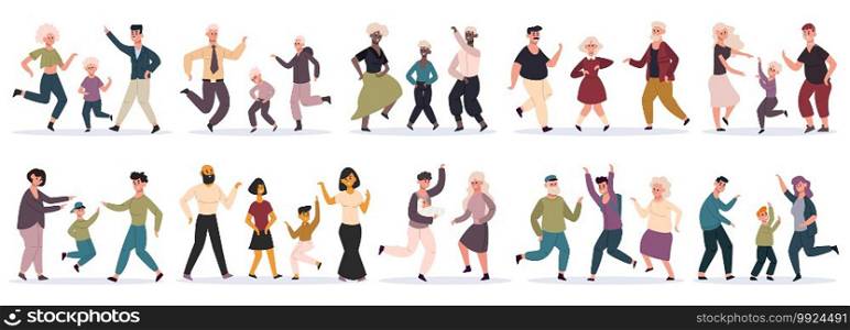 Happy dancing families. Parents dancing with children, mom, dad and kids having fun together, party at home. Family celebrating vector illustration set. Multicultural mother, father and babies. Happy dancing families. Parents dancing with children, mom, dad and kids having fun together, party at home. Family celebrating vector illustration set