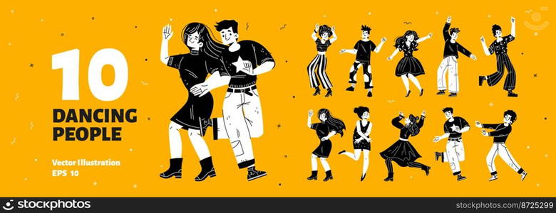 Happy dancing men and women set. Diverse happy characters, excited young persons have fun and dance isolated on yellow background, vector black and white hand drawn illustration. Happy dancing men and women set