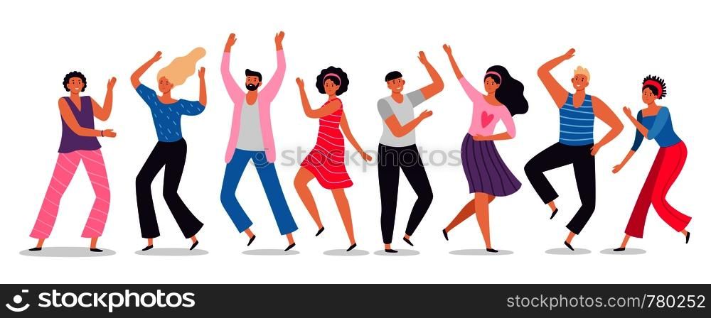 Happy dancing people. Friends dance, club female and male dancers. Exciting music party, disco dancing friends character flat vector illustration. Happy dancing people. Friends dance, club female and male dancers flat vector illustration