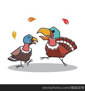 Happy Dancing Turkey Bird Couple Autumn Fall Thanksgiving Character Cartoon