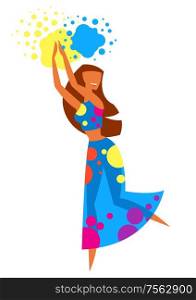 Happy dansing girl throw paint. Poster for Holi color festival.. Happy dansing girl throw paint.