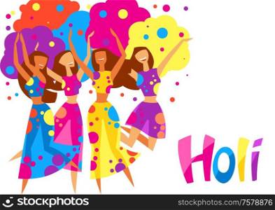 Happy dansing girls throw paint. Poster for Holi color festival.. Happy dansing girls throw paint.