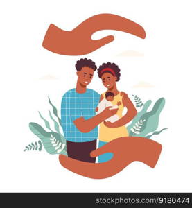 Happy dark-skinned family with newborn baby. Hands protect cute black woman and husband. Vector illustration. parents, motherhood, parenthood, care, happiness and protection concept