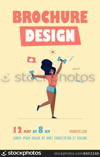Happy dark skinned girl doing exercises. Woman dancing with dumbbells flat vector illustration. Fitness, gym, weight lifting concept for banner, website design or landing web page