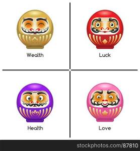 Happy daruma dolls set. Happy daruma dolls set for healht, wealth, love, and luck, vector illustration