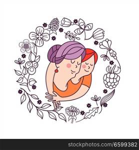 Happy day for the elderly. Beautiful card with a holiday. Happy grandmother and her beloved granddaughter. Floral wreath. Vector illustration.