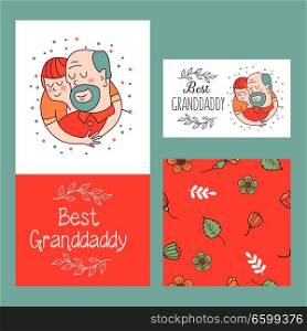 Happy day for the elderly. Lovely greeting card with a holiday. Happy grandfather and his beloved grandson. Floral wreath. Vector illustration. Seamless floral background.