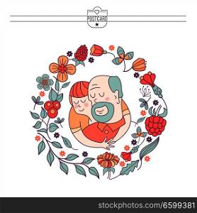 Happy day for the elderly. Lovely greeting card with a holiday. Happy grandfather and his beloved grandson. Floral wreath. Vector illustration.