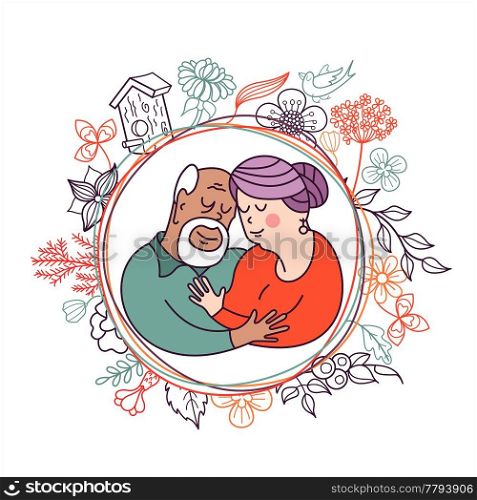 Happy day of the older person. An elderly couple, husband and wife hugging each other. Cute vector illustration of a greeting card.