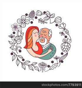 Happy day of the older person. Granddaughter hugging a beloved grandfather. Cute vector illustration of a greeting card.