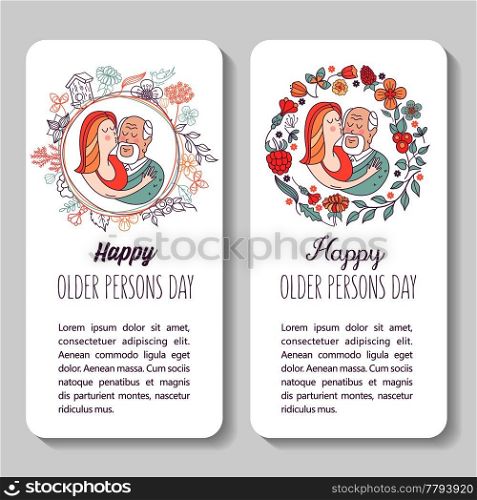 Happy day of the older person. Granddaughter hugging a beloved grandfather. Cute vector illustration of a greeting card.