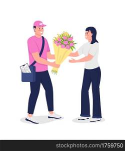 Happy delivery man give woman bouquet flat color vector detailed characters. Receive gift. Courier service. Flowers delivery isolated cartoon illustration for web graphic design and animation. Happy delivery man give woman bouquet flat color vector detailed characters