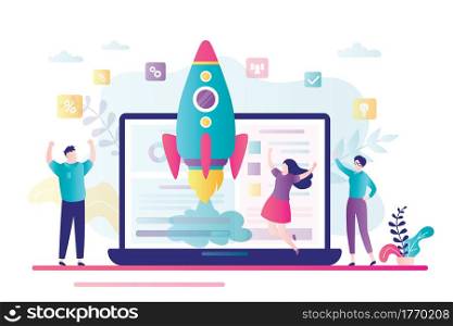 Happy developers, completion of successful business project. Creating an online startup. Rocket takeoff on screen of laptop. Teamwork, tiny business people. Flat vector illustration. Happy developers, completion of successful business project. Creating an online startup. Rocket takeoff on screen of laptop.