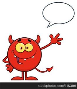 Happy Devil Cartoon Emoji Character Waving For Greeting With Speech Bubble. Illustration Isolated On White Background