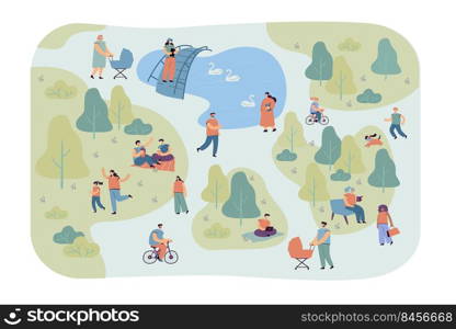 Happy different people walking in city park flat vector illustration. Cartoon characters relaxing, cycling and exercising on nature. Summer activity and leisure concept