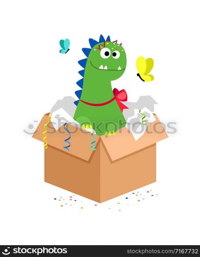 Happy dino in carton box. Kids toy gift. Dinosaur toy animal for play. Vector illustration. Happy dino in carton box. Kids toy gift