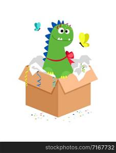 Happy dino in carton box. Kids toy gift. Dinosaur toy animal for play. Vector illustration. Happy dino in carton box. Kids toy gift