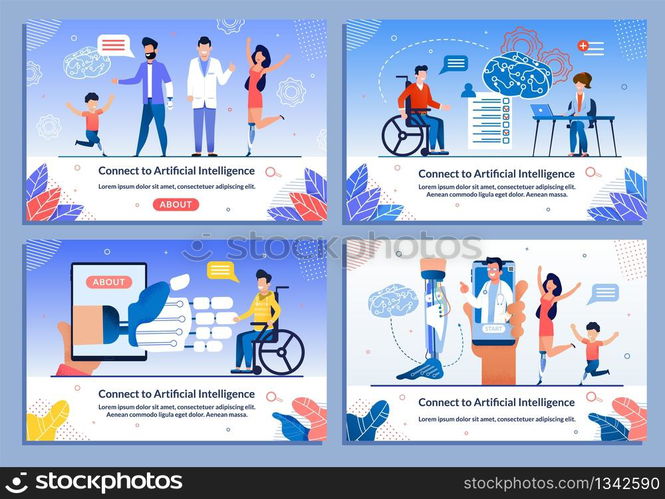 Happy Disabled Adult People and Children Character with Bionic Prosthetic Limb Flat Banner Set. Webpage Offering Neural Connected New Technologies for Rehabilitation. Vector Cartoon Illustration. Happy People Character with Bionic Limb Banner Set