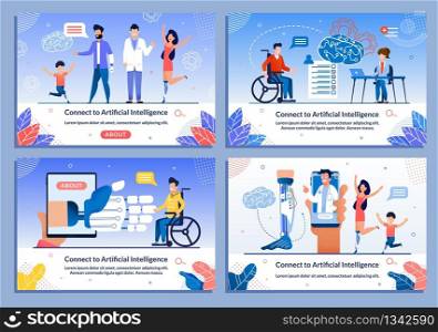 Happy Disabled Adult People and Children Character with Bionic Prosthetic Limb Flat Banner Set. Webpage Offering Neural Connected New Technologies for Rehabilitation. Vector Cartoon Illustration. Happy People Character with Bionic Limb Banner Set
