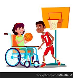 Happy Disabled Girl On Wheelchair Playing Basketball With Friend Vector. Illustration. Happy Disabled Girl On Wheelchair Playing Basketball With Friend Vector. Isolated Illustration