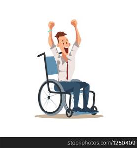 Happy Disabled Male Worker Cheer with Hand Up. Businessman in Formal Wear Sitting in Wheelchair Express Emotion. Funny Character with Special Needs. Cartoon Flat Vector Illustration. Happy Disabled Male Worker Cheer with Hand Up