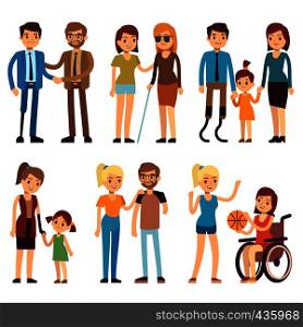 Happy disabled people in sport and social activities. Vector flat characters set. Disabled person in wheelchair illustration. Happy disabled people in sport and social activities. Vector flat characters set