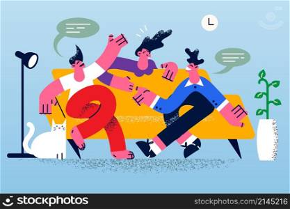 Happy diverse friends sit on sofa at home talking and chatting on weekend together. Smiling young people have fun involved in conversation communication on lockdown. Vector illustration. . Happy friends relax talking at home on lockdown
