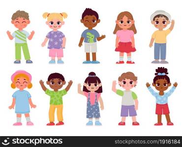 Happy diverse kids characters waving hands and greeting. Cartoon children boys and girls with bye or hello gestures. Flat student vector set. Multicultural kindergarten fashionable toddlers. Happy diverse kids characters waving hands and greeting. Cartoon children boys and girls with bye or hello gestures. Flat student vector set