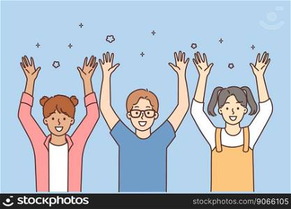 Happy diverse kids raise hands up in air celebrate together. Smiling multiracial children have fun enjoy funny game. Vector illustration. . Smiling children raise hands playing together 