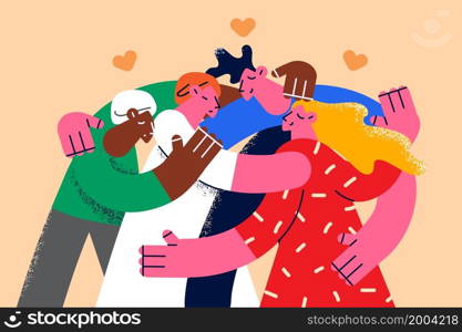 Happy diverse multiracial people hug cuddle show unity and bonding. Smiling multiethnic friends embrace demonstrate love and care in relationship. Friendship, support concept. Vector illustration. . Happy multiethnic people hug show love and support