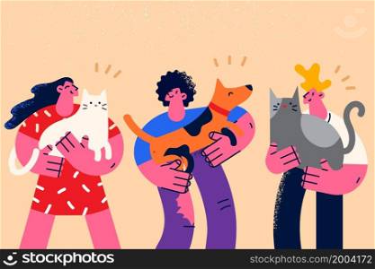 Happy diverse people hold in arms cats and dogs show love and care. Smiling men and women with domestic pets. Saving animal from shelter. Human and puppy friendship. Flat vector illustration. . Happy people hold domestic animals cats and dogs
