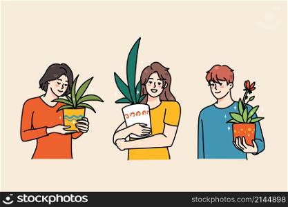 Happy diverse people hold pots with green plants involved in gardening hobby. Smiling men and women with house greenery succulent and cactus enjoy garden activity. Flat vector illustration. . Happy diverse people with green house plants